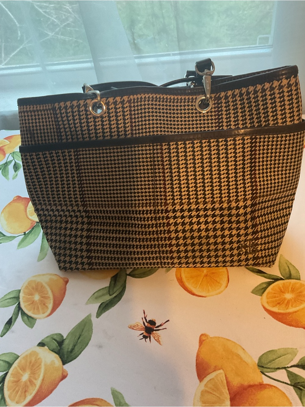 Ralph Lauren Black and Tan Houndstooth Tote